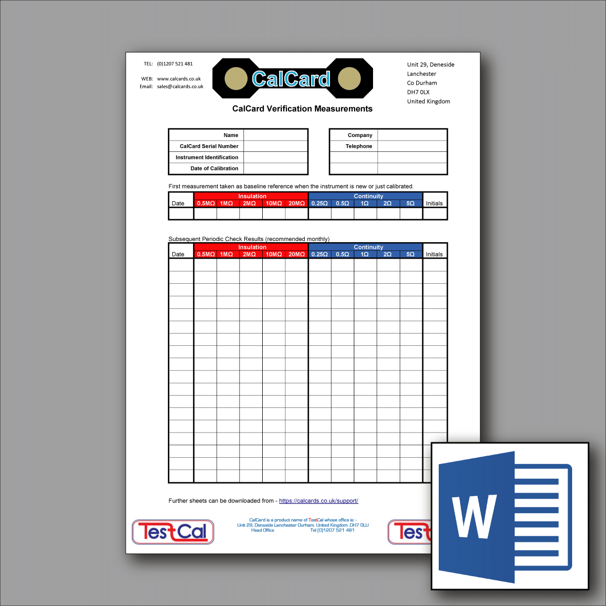 MS-Word CalCard resistance record sheet